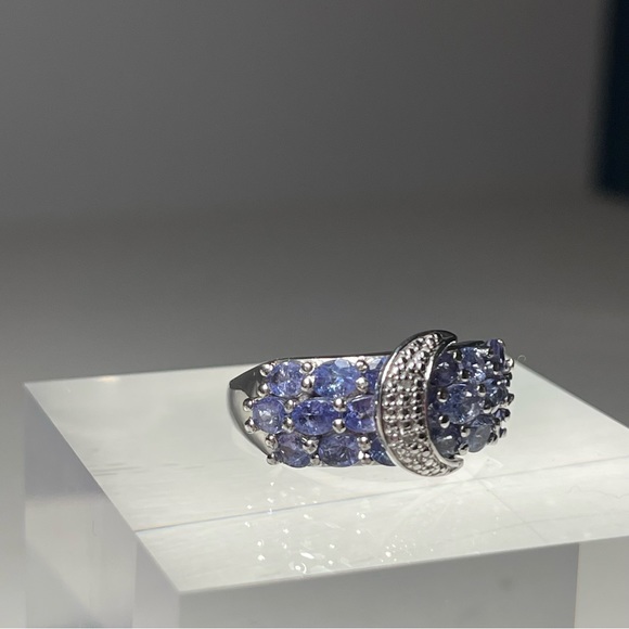 Tanzanite and Zircon Buckle Ring in Platinum over Sterling Silver Size 10 - Picture 8 of 15